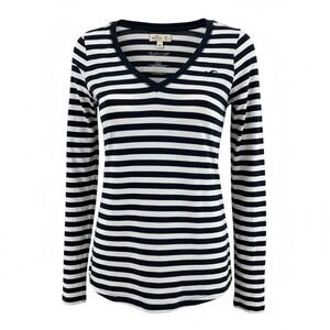 Hollister Navy White Striped V Neck Long Sleeve Tee Medium Y2K